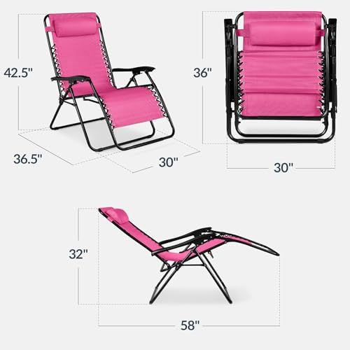 Best Choice Products Set of 2 Extra Wide Adjustable Steel Mesh Zero Gravity Lounge Chair Recliners w/Pillows and Cup Holder Trays - Hot Pink