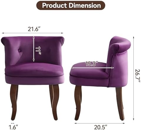 WUTUTUEE Velvet Vanity Chair with Solid Wood Legs, Tufted Upholstered Vanity Stool with Back, Mid Century Small Makeup Accent Chair for Bedroom, Living Room, Purple