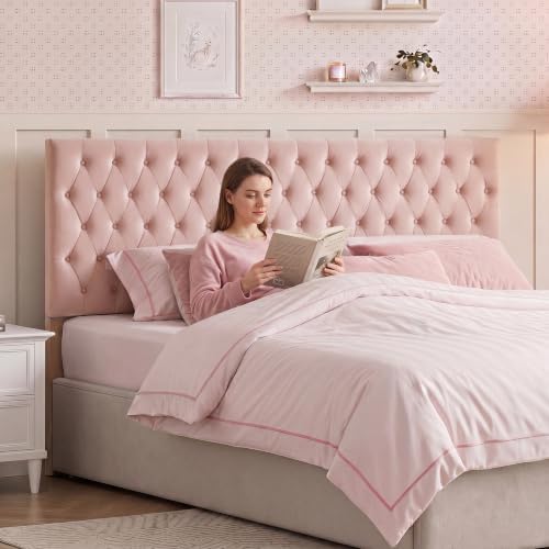 Kingfun Upholstered Queen Headboard Only, Premium Velvet Button Tufted Headboards, Adjustable Solid Wood Head Board, Padded Headboard with Solid Wood Legs in Bedroom (Pink)