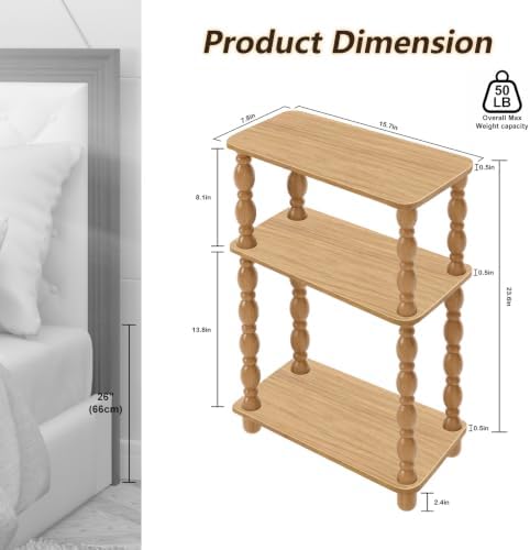 3-Tier Small Side Table, Narrow End Table, Natural Wood