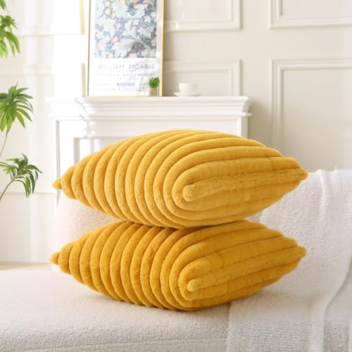 Decorative Throw Pillow with Inserts, Set of 2 Soft Faux Fur Throw Pillows, Square Boho Striped Pillow for Couch, Bed, Sofa Decor