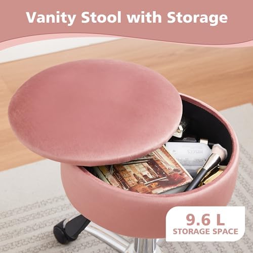 Adjustable Vanity Stool Storage Swivel Rolling Vanity Chair with Wheels