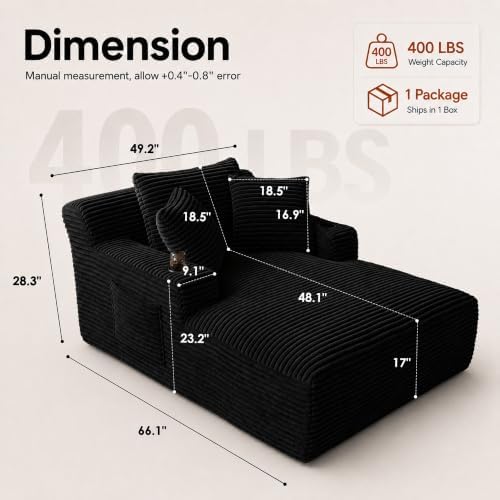 66" Chaise Lounge Chair Indoor, Corduroy Upholstered Reading Chair Oversized Boneless Chair with Deep Seat, Cloud Lounge Chair with 3 Pillows for Living Room, Bedroom, No Assembly Required