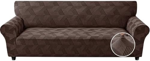 JIVINER 1 Piece Couch Cover for 3 Cushion Couch, Stretch Extra Large Sofa Covers with Elastic Bottom, Washable Oversized Sofa Slipcovers Feature Geometrical Jacquard Fabric (XL Sofa, Brown)