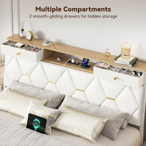 FreeHouse Queen Bed Frame with Storage Headboard and Drawers, PU Leather