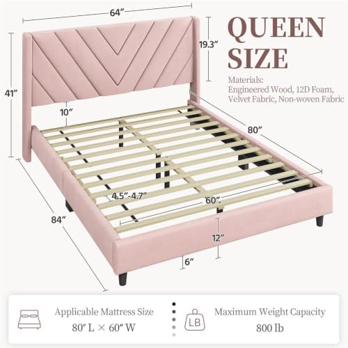 Yaheetech Queen Bed Frame with Chevron Channel-Tufted Headboard, Pink