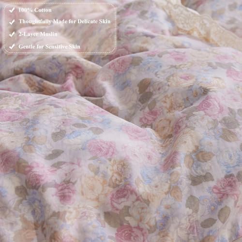 Floral Cotton Duvet Cover Queen Size 3 Pcs Set,90"×90" Bedding