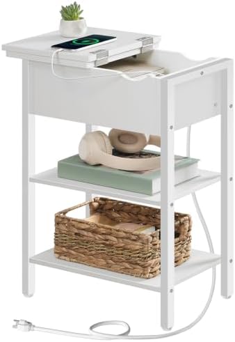 HOOBRO End Table with Charging Station, Narrow Side Table, Flip Top Nightstand with USB Ports and Outlets, Bedside Tables with Shelf for Small Spaces, Living Room, White WT341BZ01