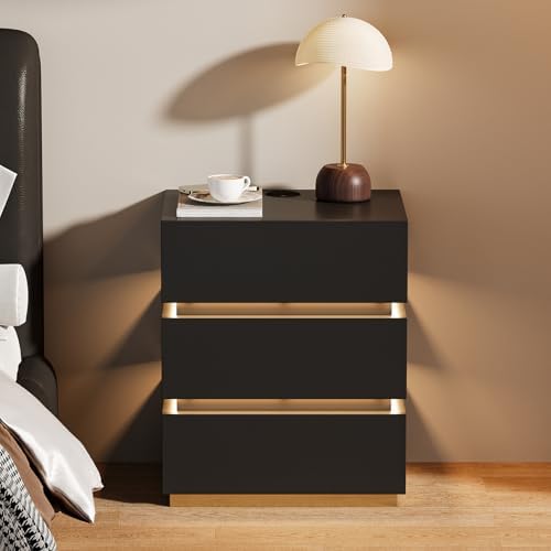 homary Smart Night Stand with Wireless Charging Station - Smart LED Nightstand with 3 Drawers, Black Bedside Table for Bedroom Living Room