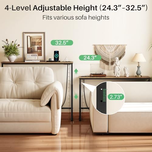 Kitstorack 70.8" Extra-Long Behind Couch Table, Height Adjustable Narrow Console Table with 2 Power Strips, Anti-Tip Wall Screws, Rustic Brown Finish, Split Design for Flexible Use