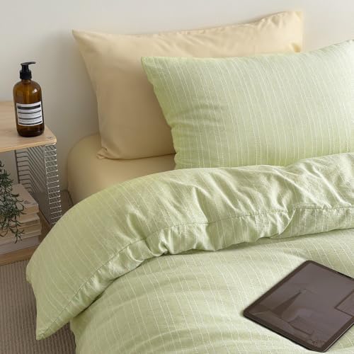 AOJIM Cottage Green Striped Duvet Cover Set King Size Textured Bedding 3Pcs