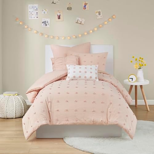 Intelligent Design Duvet Set 100% Cotton Jacquard, Tufts Accent, Shabby Chic All Season Cover for Comforter, Matching Shams, Decorative Pillows, Twin/Twin XL (68 in x 92 in), Pink 5 Piece