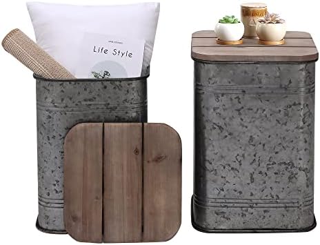RUSTOWN Farmhouse Accent Side Table, Set of 2 Galvanized Storage Ottoman