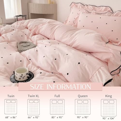 Pink Polka Dot Duvet Cover Set Twin Size 3 Pcs(1 Duvet Cover with 2 Pillowcases),Soft Brushed Washed All Seasons Comforter Covers with Ruffles,Twin Bedding Set for Teen Girls 68"×86"