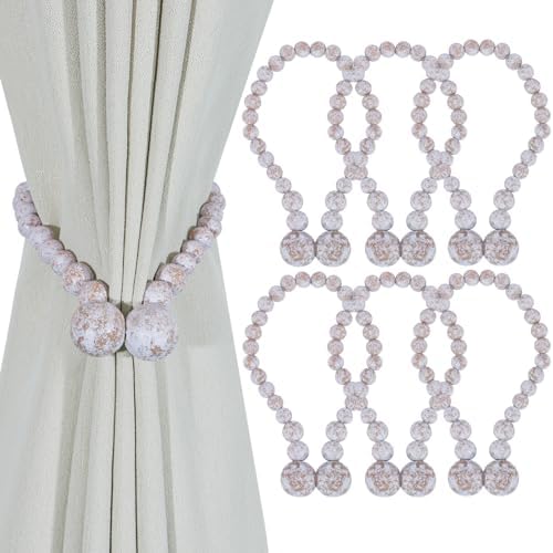KLOGTSIND Magnetic Curtain Tiebacks, 6 Pack Wood Bead Curtain Holdbacks