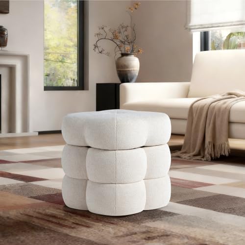 Get Set Style 360° Swivel Flower Ottoman, Linen Vanity Stool Footrest with 300LBS Capacity, No Assembly Small Space Accent Chair for Living Room Bedroom Entryway (Warm Ivory)
