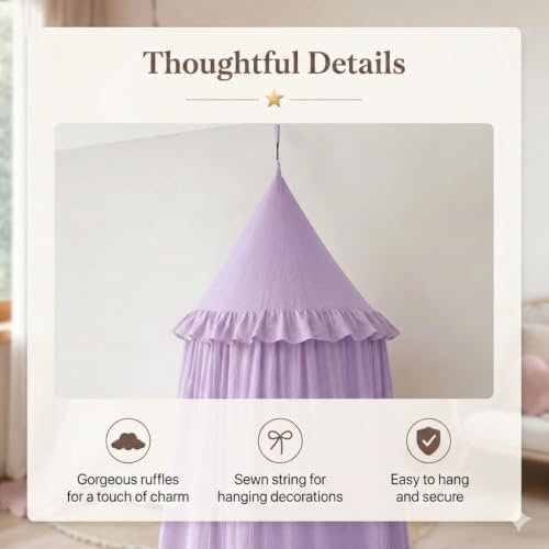 Bed Canopy for Girls, Princess Crib Canopy for Nursery, Dreamy Soft Hanging Canopy for Toddler Bed, Twin & Full Size, Kids Bed Canopy for Girls Room Decor & Reading Nook, Lavender