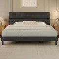 GRUSIGN King Size Bed Frame with Linen Fabric Headboard, Adjustable Height Upholstered Platform Bed Frame with Wooden Slats, Easy Assembly, Black