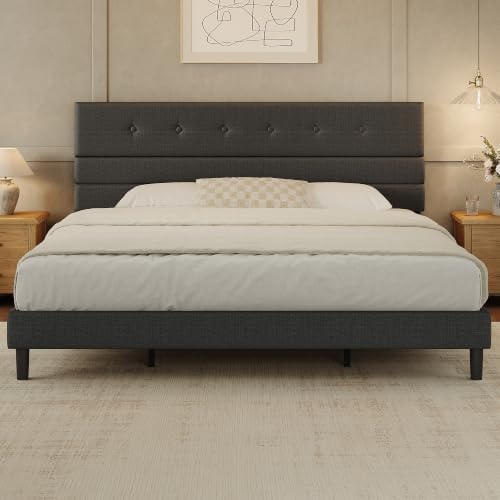 GRUSIGN King Size Bed Frame with Linen Fabric Headboard, Adjustable Height Upholstered Platform Bed Frame with Wooden Slats, Easy Assembly, Black