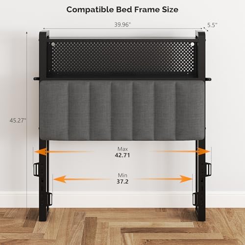 VINGLI Twin or Twin XL Size Headboard, Adjustable Upholstered Headboard with 2 Tier Shelves and Pegboard with Charging Stations and LED Lights, Modern Bed Headboard with Storage for Bedroom Decor