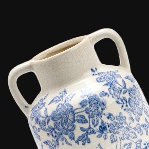 Ceramic Vase with Handles, Vintage Utensil Holder, Flower Decorative Vase Chinoiserie Decor Rustic Farmhouse Retro Floral Vases for Table Bookshelf Mantel Kitchen Living Room Office - 6.7” Blue 017