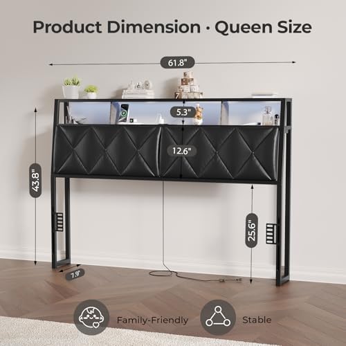 Headboard Queen Size with Storage, Charging Station & Lights, Black