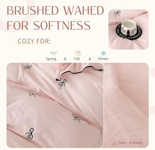 Pink Duvet Cover Set Full Size,3 Pcs 1 Duvet Cover with 2 Pillowcases,Cute Bedding Set for Teen Girls,Chic Coquette Brushed Washed Soft Comforter Quilt Covers for All Seasons 80"×90"