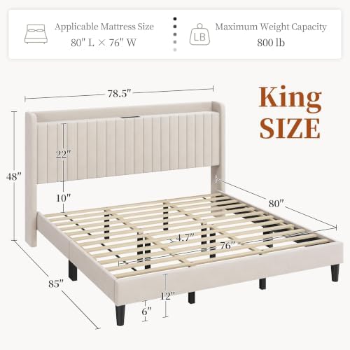 Yaheetech King Bed Frame with Channel-Tufted Storage Headboard, Beige