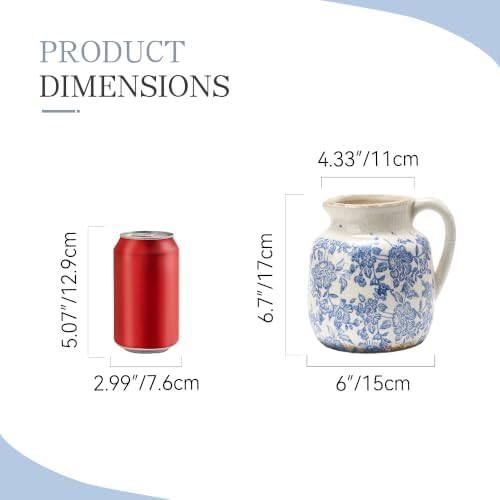 Ceramic Flower Vase, Vintage Utensil Holder, Blue and White Decorative Vase Chinoiserie Decor Rustic Farmhouse Retro Floral Vases for Table Bookshelf Mantel Kitchen Living Room Office - 6.7” Blue 016