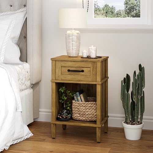 Small Brown Night Stand,Rustic End Table,Wood Nightstand with Drawer