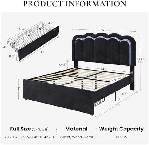 SHA CERLIN Full Size Bed Frame with LED Lights and Storage Drawer, Black