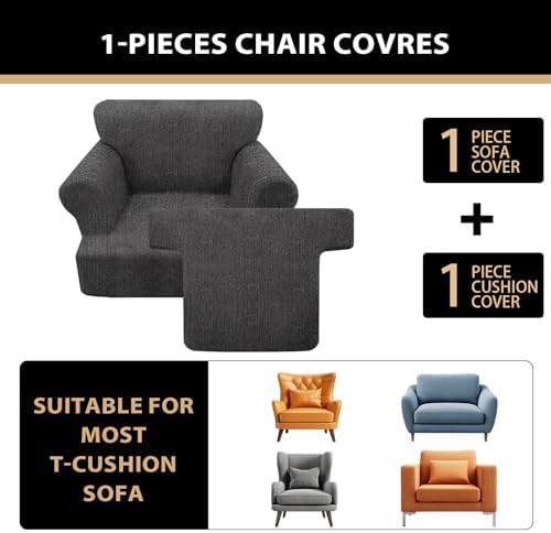 Sofa Cover 2 Pieces T Cushion Chair Covers with Arms Super Stretch Chair Slipcover for Living Room,Slip Cover Anti Slip Armchair Furniture Protector Pet Universal(Dark Gray, 1 Cushion)