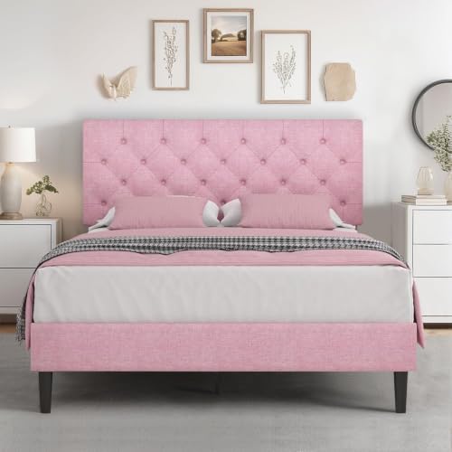 HOMBCK Full Bed Frame with Adjustable Headboard, Pink