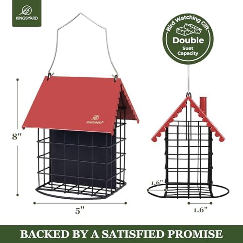 Kingsyard Double Suet Bird Feeder with Weatherproof Roof & Perch, All Metal, Suet Cakes Cage Bird Feeder for Outdoors Hanging, Easy to Clean & Refill, Red
