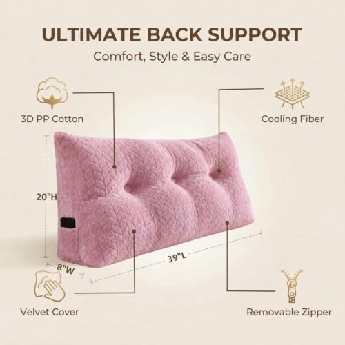 Headboard Pillow Twin Size, Reading Pillow for Bed, Leaf Pattern Wedge Pillow, Tufted Backrest Support, Headboard Substitute, Pink