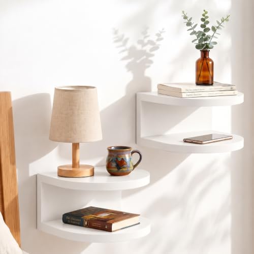 Bamboo Floating Wall Mounted Nightstand Wall Storage Shelf (2, White)