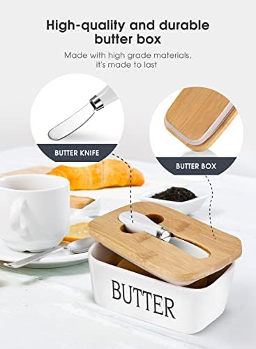 Ceramic Butter Dish with Lid and Knife & Silicone Seal 200ml 2 Pack White