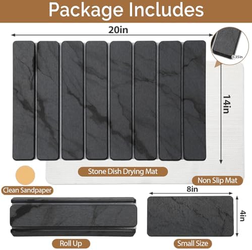 2 PCS Stone Dish Drying Mat for Kitchen Counter,Quick Dry Stone Dishes Mats,Marbled Water Absorbing Diatomaceous Earth Drying Pad for Countertop Bottles Utensils Cups（Dark Gray 20"×14" & 8"x4"）