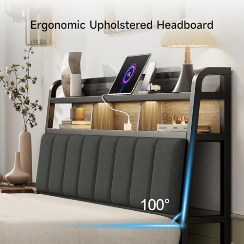 Queen Headboard Only with Storage, Charging Station, Black & Grey