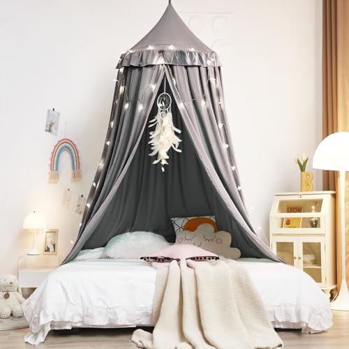 Kertnic Decor Princess Canopy for Girls Bed, Soft Smooth Playing Tent Canopy Room Decoration Castle, Dreamy Mosquito Net Bedding, Reading Nook Canopies in Home (Gray)