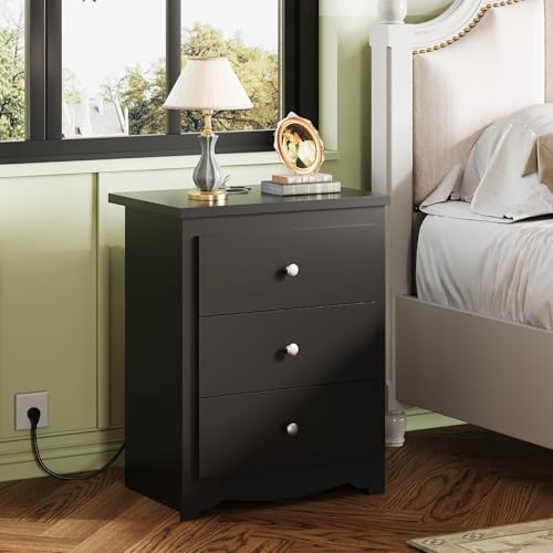 WLIVE Tall Nightstand with Charging Station, Wood Bedside Table, Black