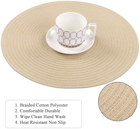 SHACOS 15 inch Round Braided Placemats Set of 4 Cotton Polyester Place Mats Washable Kitchen Dining Table Mats for Dinner Party Table Decor (Light Beige, 4)
