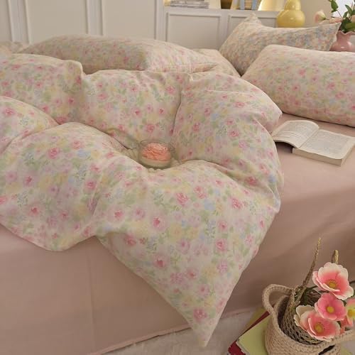 King Size Muslin Floral Duvet Cover Set 100% Cotton Cute Aesthetic Pink Comforter Cover,All Season Breathable Gauze Bedding Set with Zipper,1 Duvet Cover and 2 Pillowcases