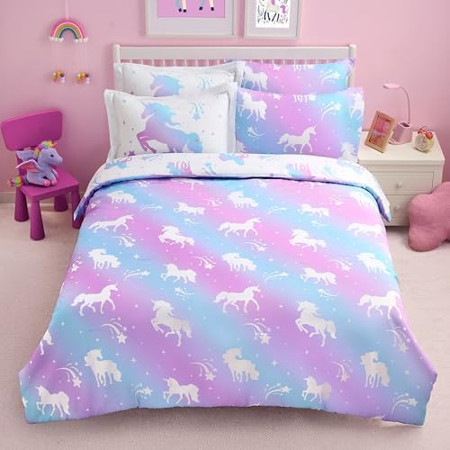 Joiedomi Kids Comforter Set Bedding Set for Boys Girls Super Soft Microfiber Bed in a Bag with Comforter Sheets Pillowcase Sham, Purple Unicorn, Full