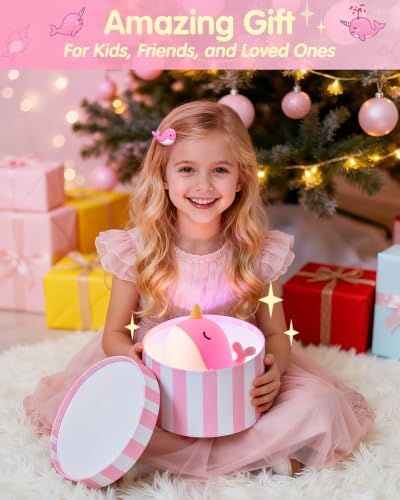 Fuloon Narwhal Night Light, 3-Level Dimming Silicone Touch Lamp with Rechargeable Battery & Timer, Cute Squishy Unicorn Whale Desk Decor, Funny White Elephant Gift for Adults Teens Kids (Pink)