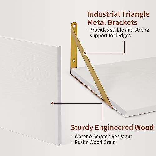 Axeman Deep Floating Shelves for Wall, 12 Inch Deep White and Gold Shelves Set of 2, 16W x 12D White Wood Wall Shelves with Golden Brackets for Bedroom Bathroom Living Room Kitchen - White & Gold
