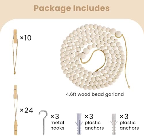 KLOGTSIND Kids Art Display Wall Decor, Wood Beads Garland with 34 Clips