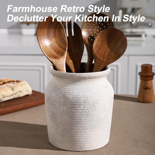 Ceramic Farmhouse Kitchen Utensil Holder for Countertop, Rustic Cooking Utensil Holder Crock Fit for Kitchen Counter. 6*6*6.7 IN