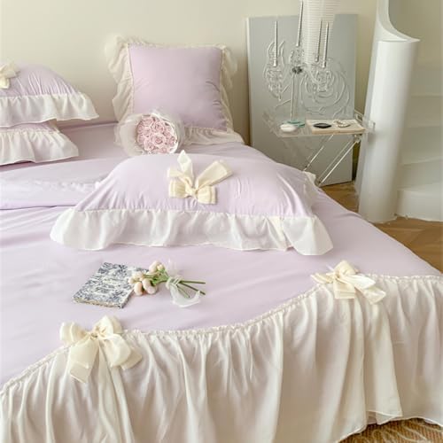 IHOUSTRIY Duvet Cover Twin Size, Ruffle Beddding Set with Bowtie, 2 Pieces Comforter Cover Set with Zipper Closure, Girl Princess Bedding with Pillowcase - Light Purple, Twin