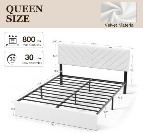 Queen Bed Frame with Adjustable Headboard, White Velvet Upholstered